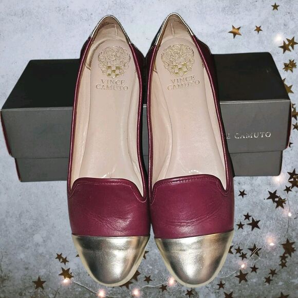 Vince Camuto Cap Toe Flat Sz 7.5 M Red Wine Leather Gold Flash Toe Holiday Ready - Picture 2 of 8